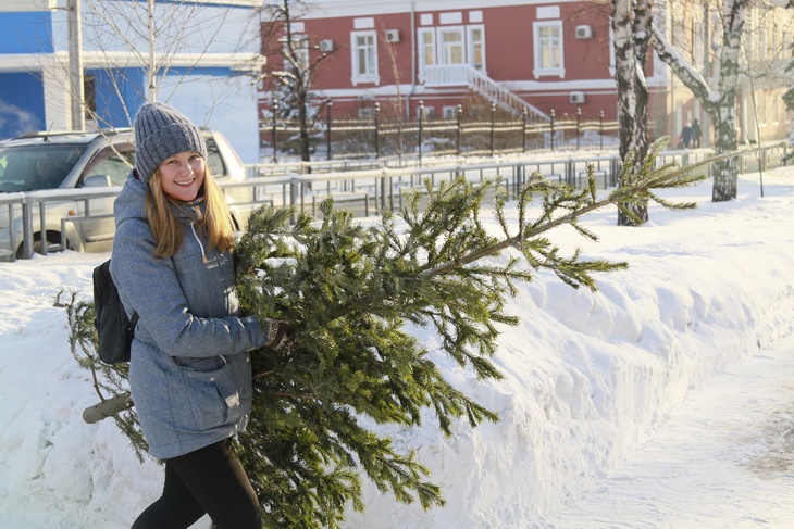 Барнаул. Девушка с елкой на одной из улиц города.